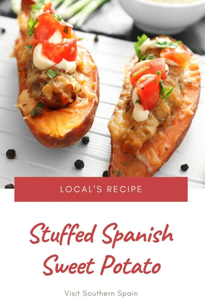 Are you looking for a Stuffed Spanish Sweet Potato Recipe? Celebrate this year's Spanish Halloween with a traditional and quick sweet potato recipe. This is one of the best Spanish sweet potato recipes because it has chorizo as well, which makes it a hearty and nutritious dish. In Southern Spain, this sweet potato recipe is a typical Halloween dish and it's enjoyed by all the Spaniards, marking the beginning of autumn. #spanishsweetpotato #sweetpotatorecipe #stuffedsweetpotato #spanishpotatoes