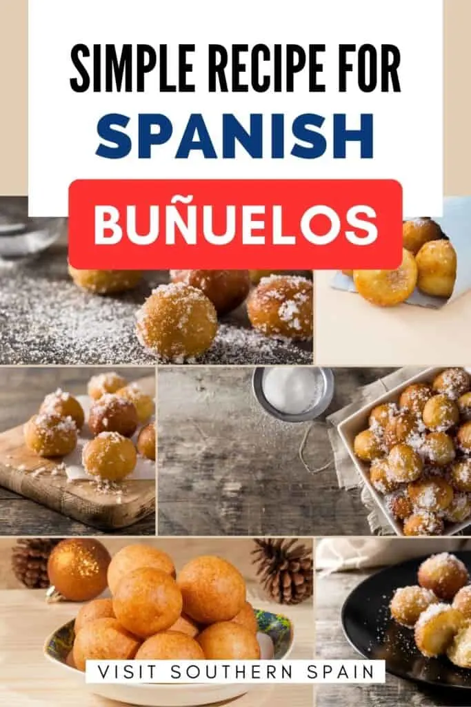 Photos of bunuelos can be seen. Almost all of them have sugar while a couple photos, one on top and at the bottom didn't have sugar on them.