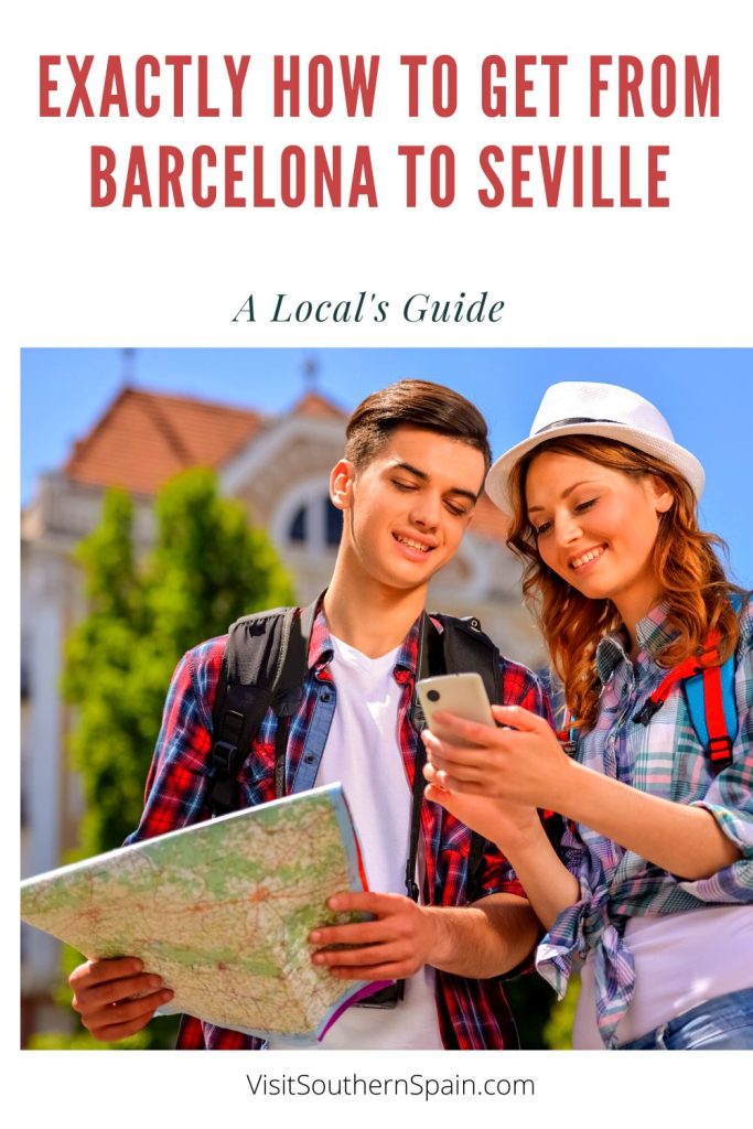 There's a photo with a young couple looking at travel information on a map and and smartphone. On top of the photo it's written Exactly how to get from barcelona to seville.