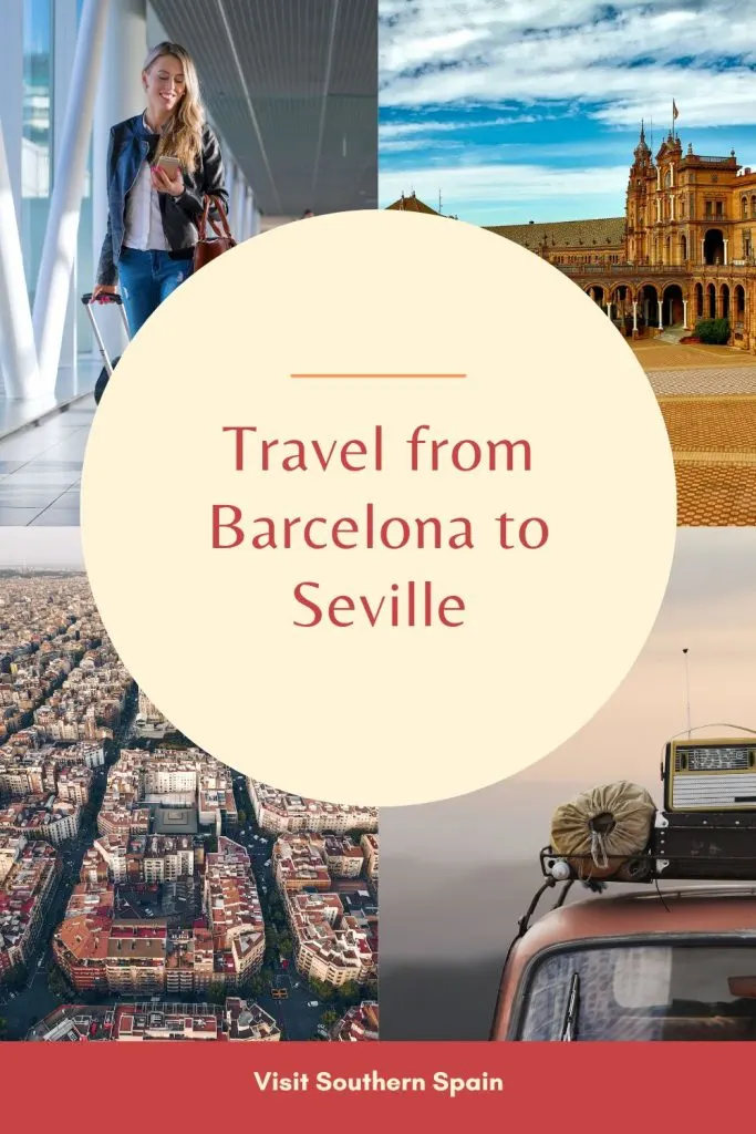 There's a photo divided in 4 small photos depicting Barcelona and Seville and different ways of traveling. In the middle of the photo it's written Travel from Barcelona to Seville.