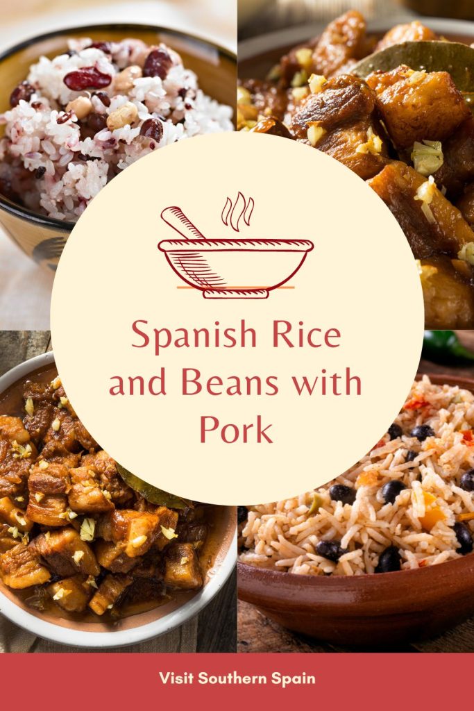 In the middle of the photo it's written Spanish rice and beans with pork. The photo is divided in 4 square and in each one there is a photo with various rice and pork dishes.