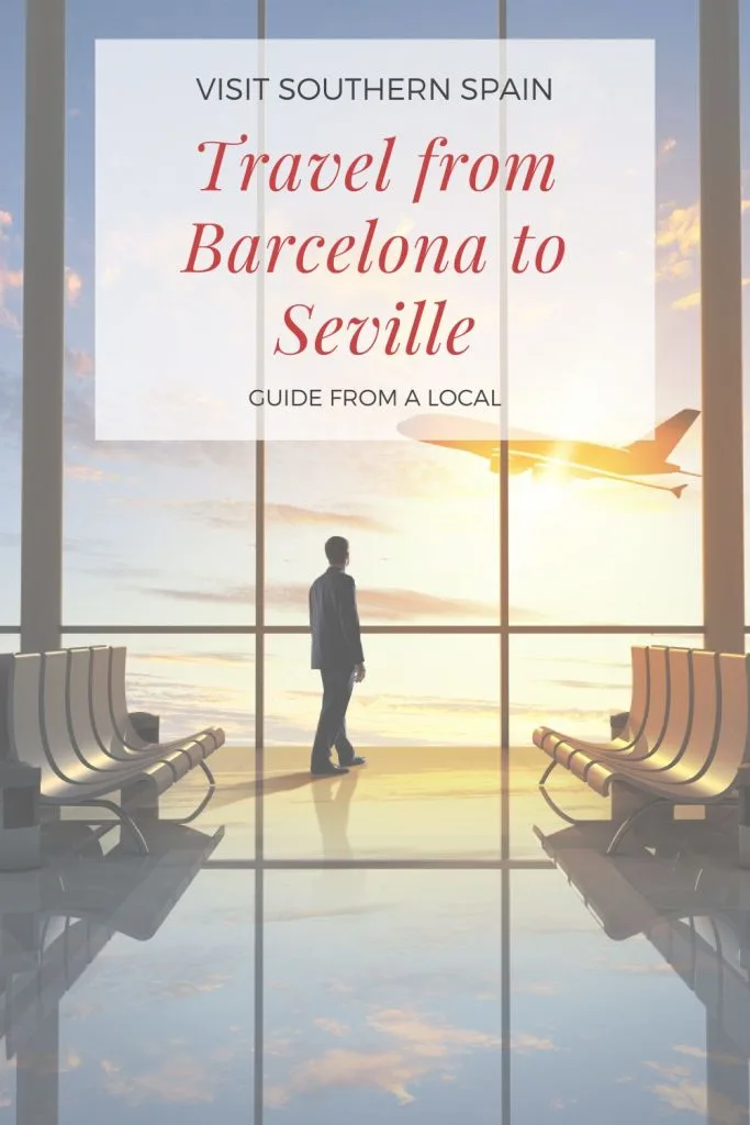 There's an airport waiting room and a man standing at the window watching as a plan is taking off. At the top of the photo it is written Travel from barcelona to Seville.