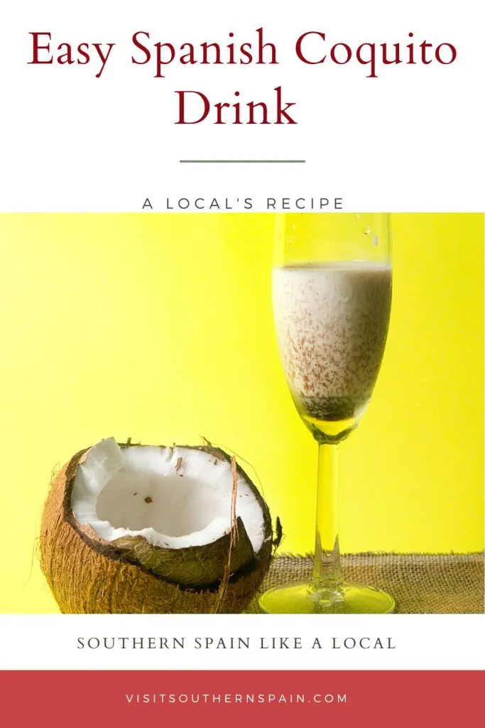 On the top of the photo it's written Easy Spanish coquito drink. Under the text there's a photo with yellow background and a glass with coquito next to a half coconut. 