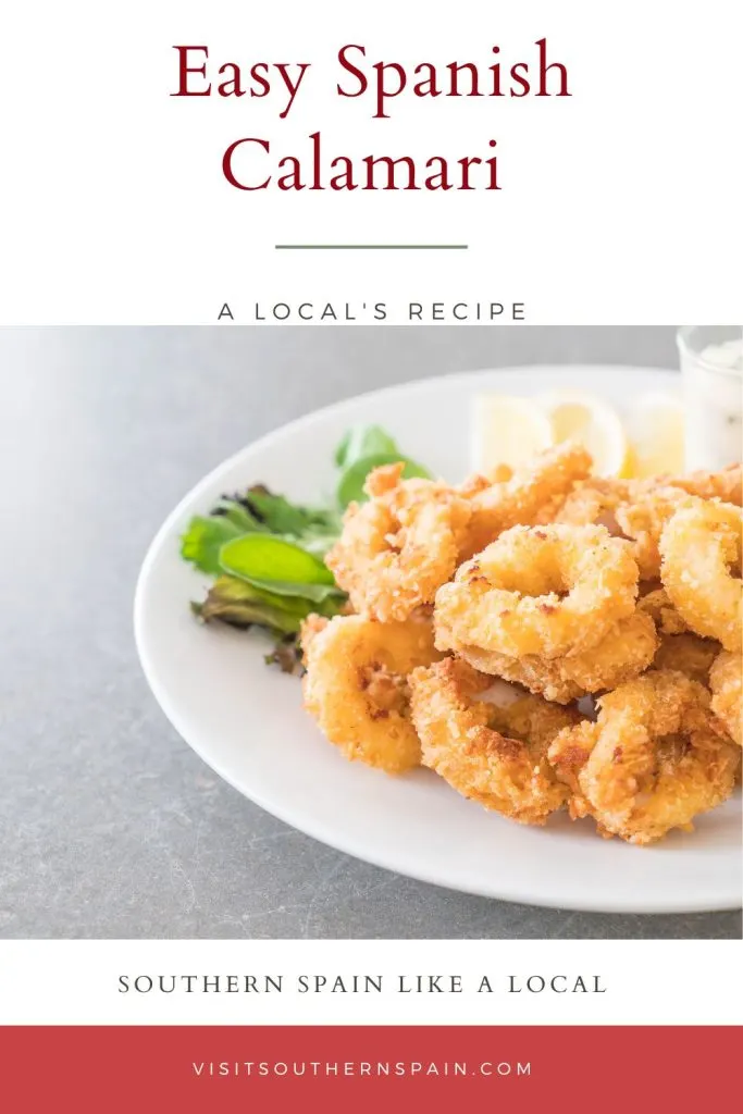 A photo with calamari on a white plate. On top of the photo it's written Easy Spanish calamari.
