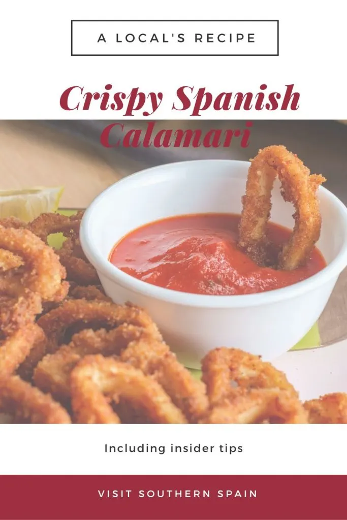 A photo with calamari rings next to a small bowl of red sauce. On top of the photo there's written crispy spanish calamari with red.