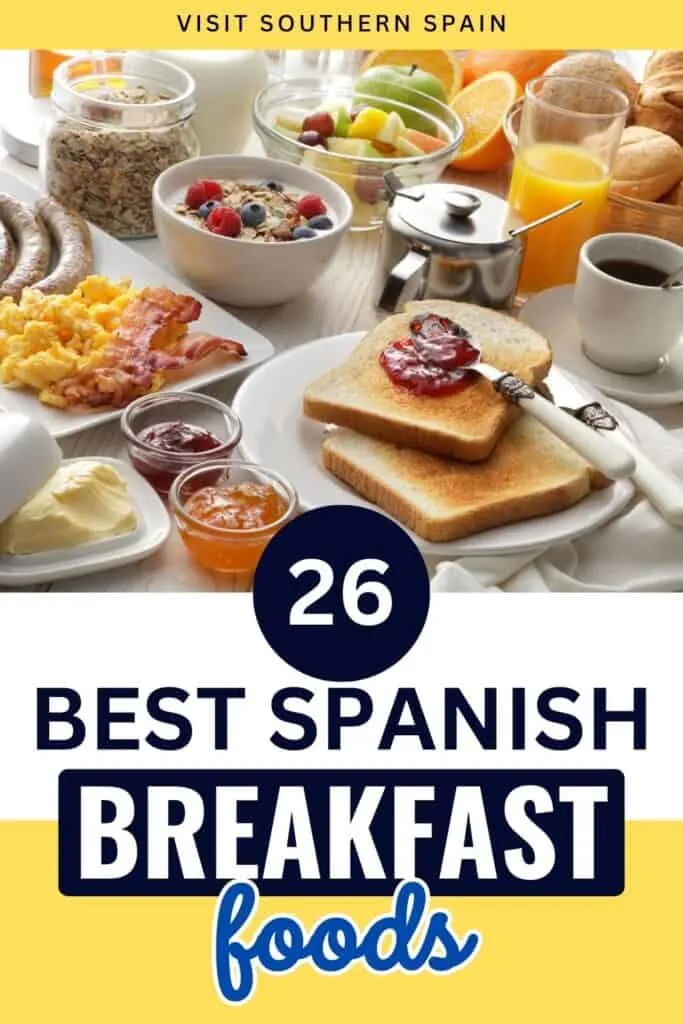 A typical breakfast spread is seen on a table with white tablecloth. It has toasts with jam, oatmeal with berries, sausages, eggs, bacon and some beverages.