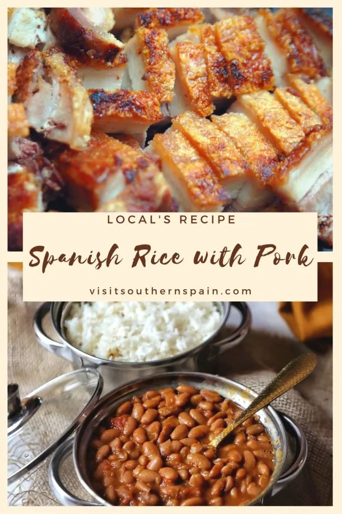 The photo is divided in two and in the top there's a photo with crispy pork belly pieces. In the bottom photo there are two bowl, one with plain white rice and the second brown beans with sauce. In the middle of the photo is written Spanish Rice with pork.