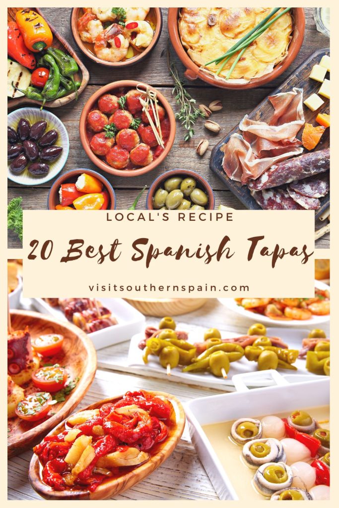 Two photo with various tapas bowl and they are separated by the text 20 best spanish tapas. 