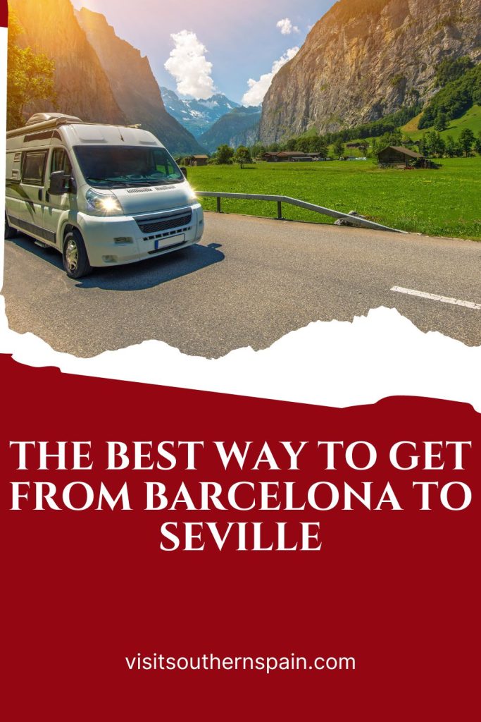 A photo with a traveling van on a mountain road. On the bottom of the photo it's written The best way to get from barcelona to seville. 