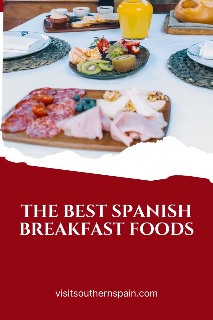 Cold cuts on a wooden plate for the best spanish breakfast. Under it it's written the best spanish breakfast foods.