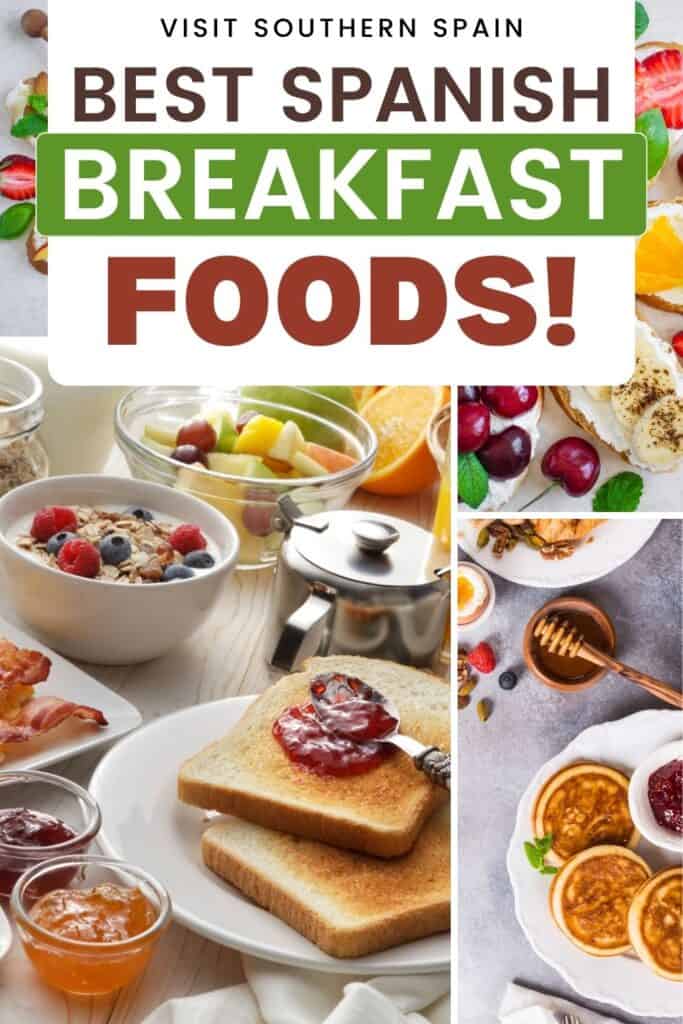 Bottom right has a plate of pancakes and syrup. Top right photo shows open faced sandwiches with creamcheese and fruits on top. Left photo has bowls of fruits,granola with milk, a plate of toast with jam and more.