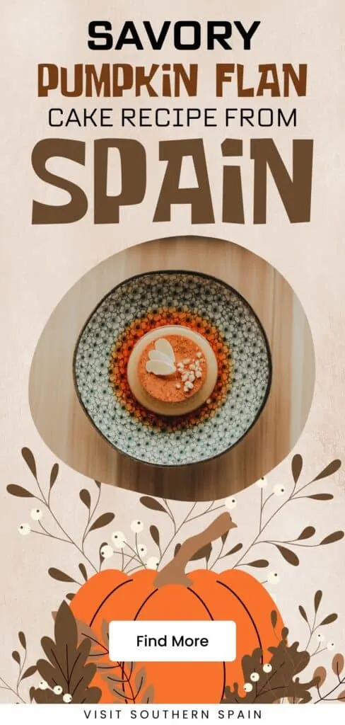 A top shot of a flan on a ceramic plate. Bottom part has a sticker of a pumpkin.