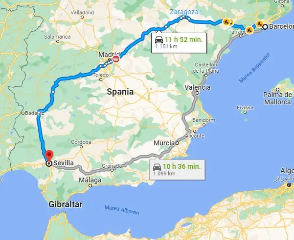 The map of Spain where you can see the exact distance from Barcelona to Seville with a car and two different routs that you can take.