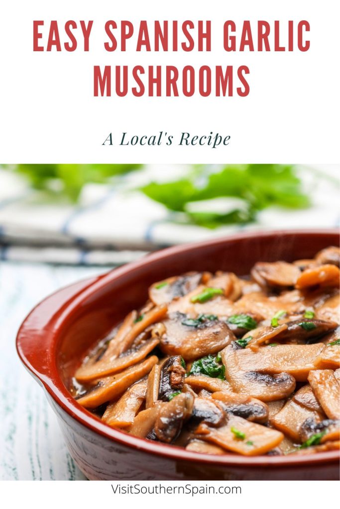 Closeup with garlic mushrooms in a pot with parsley. On top it's written Easy Spanish garlic mushrooms. 