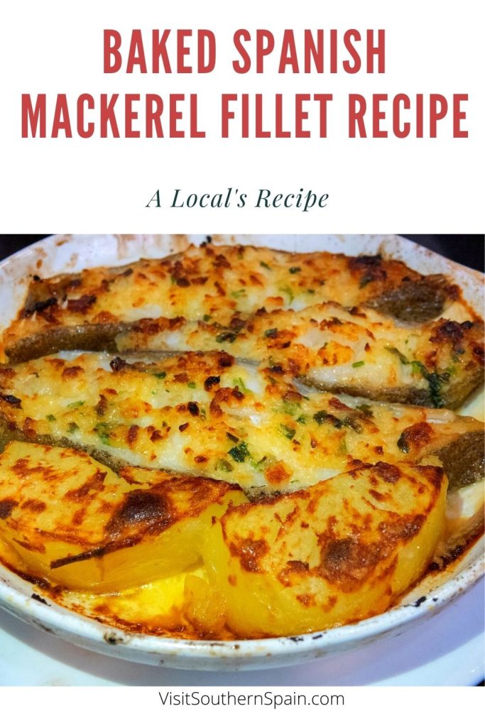 Baked mackerel fish and potatoes. On top it's written baked spanish mackerel fillet recipe.