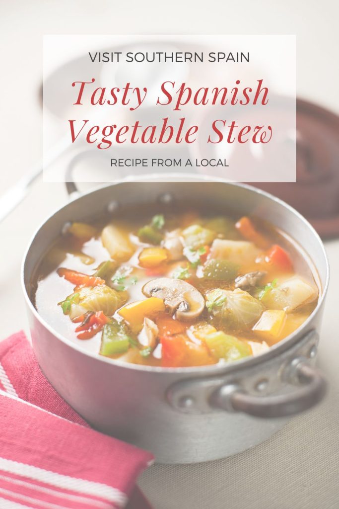 A photo with a pot of spanish vegetable stew ready to be served. On top it's written tasty Spanish vegetable stew. 
