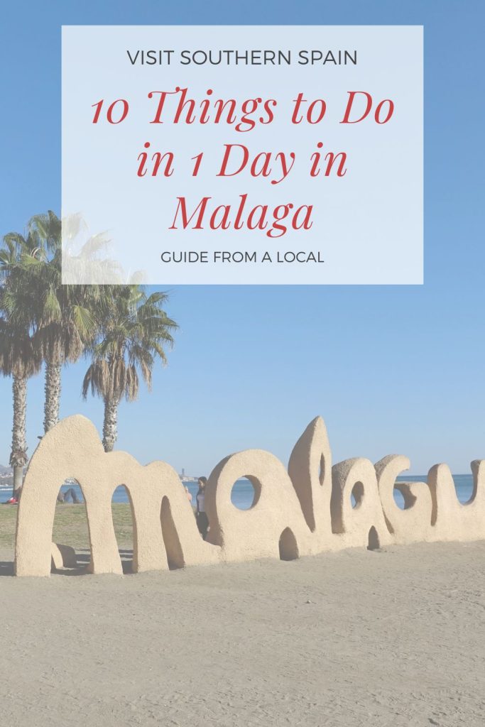 A photo with Magueta Beach's sign and palm trees in the background. On top it's written 10 Things to do in 1 day in Malaga.
