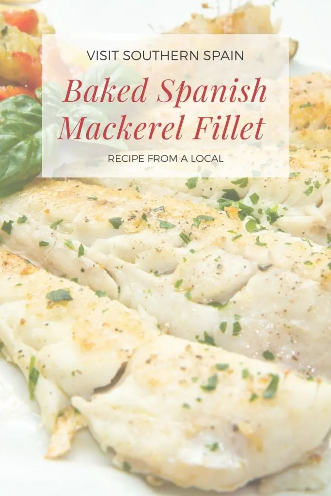 Closeup with mackerel fillet on a plate. On top it's written baked Spanish mackerel fillet.