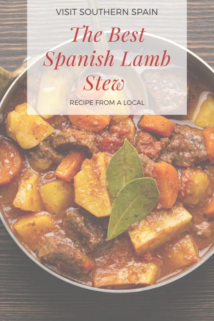 closeup with lamb stew in a pot and on top it's written The best Spanish lamb stew.