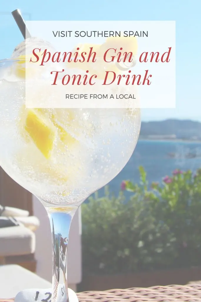 A closeup with a glass of gin and tonic with a mountain view. On top it's written Spanish gin and tonic drink. 