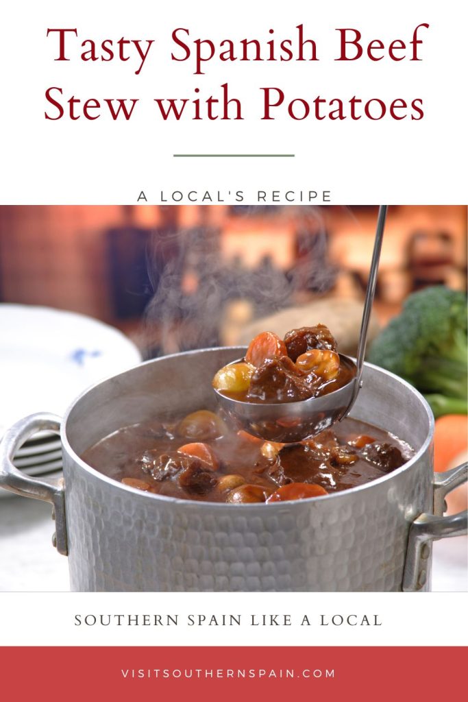A pot of beef stew being served. On top it's written tasty Spanish beef stew with potatoes. 