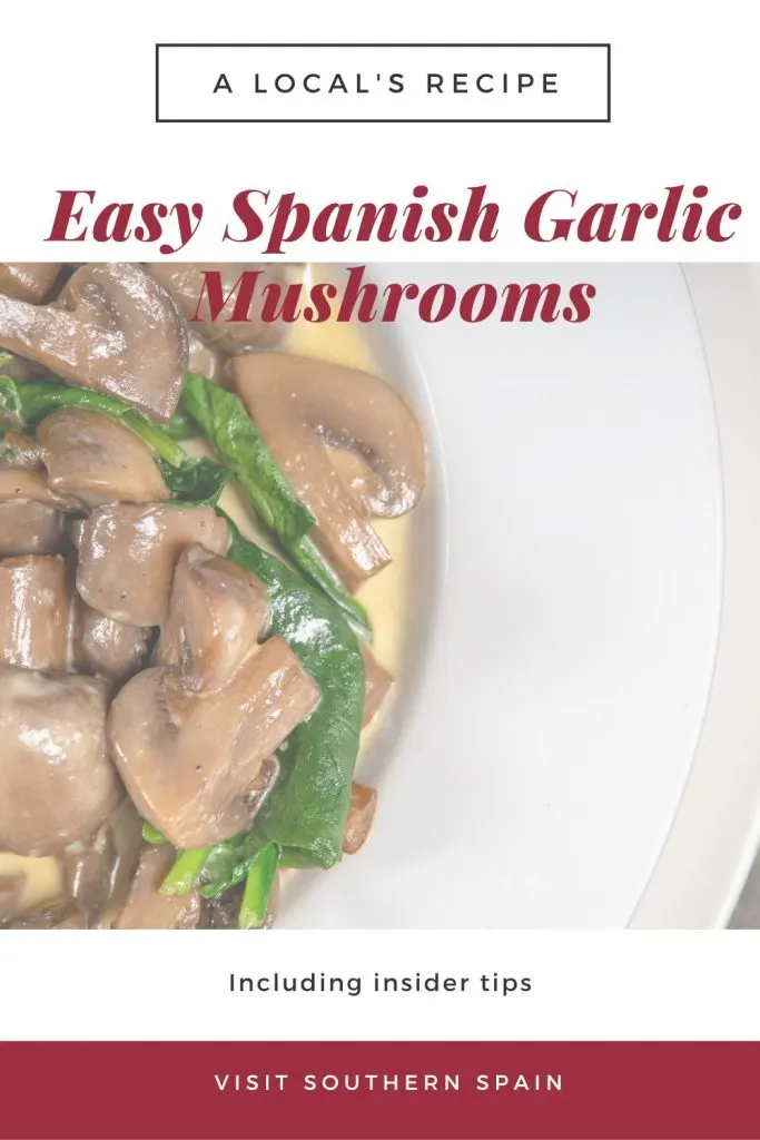 a plate with garlic mushrooms and on top it's written easy Spanish garlic mushrooms.