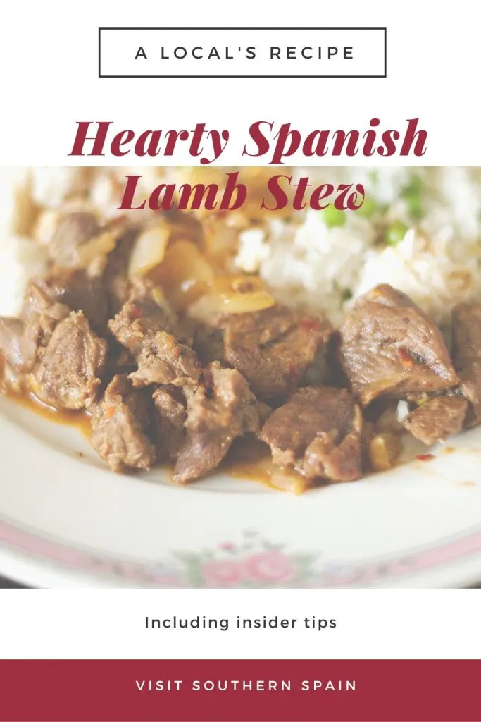 Lamb stew and rice on a plate and on top of the photo it's written Hearty Spanish lamb stew.