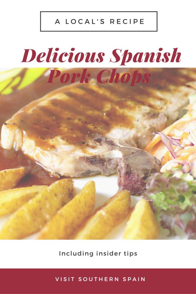A closeup with pork chops, fries and salad. On top it's written Delicious Spanish pork chops. 