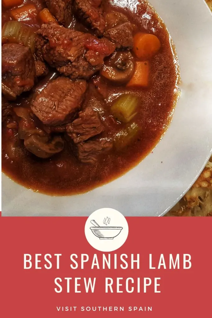 a bowl of lamb stew ready to be served and under the photo it's written best Spanish lamb stew.