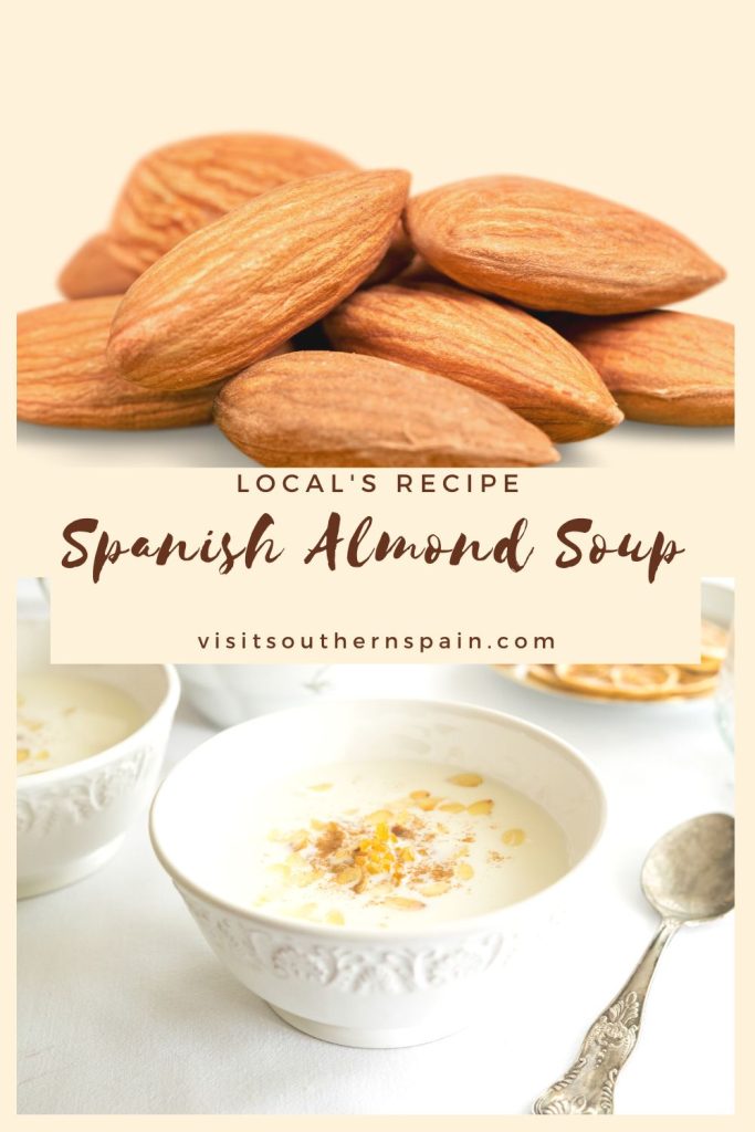 On top it's a photo with almonds and under it 2 bowls of almond soup. In the middle it's written Spanish almond soup.
