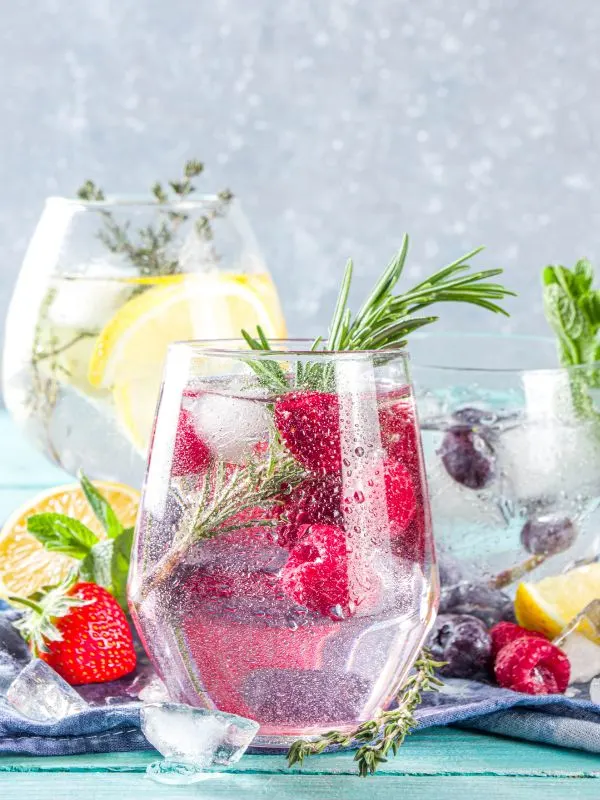 3 glasses of spanish gin and tonic with various fresh fruits.