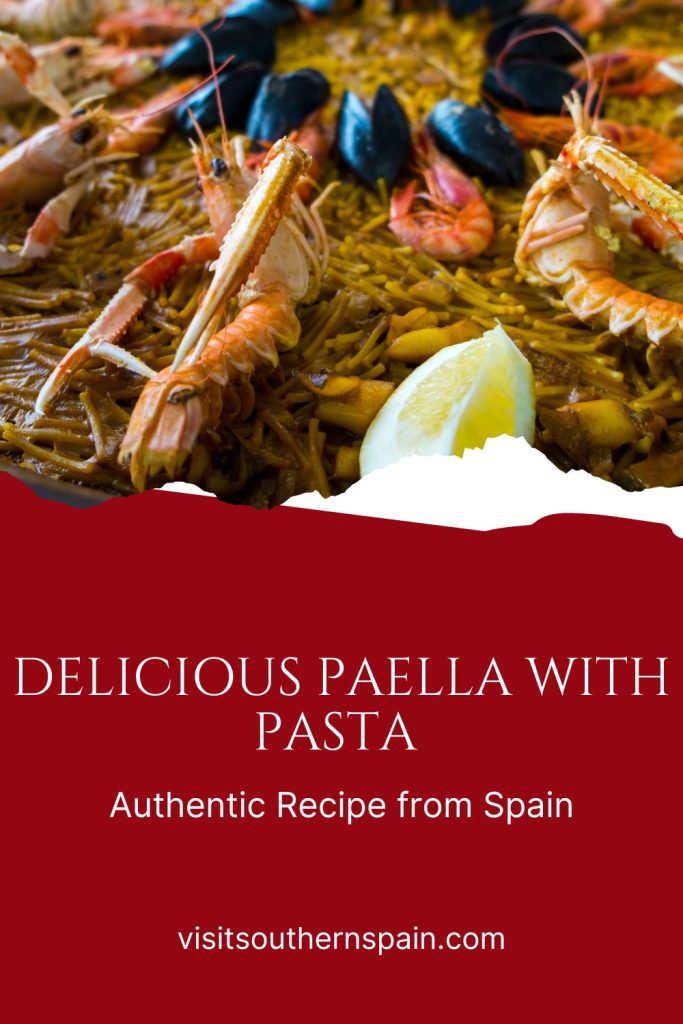 closeup with paella with pasta and seafood. Under it it's written delicious paella with pasta. 
