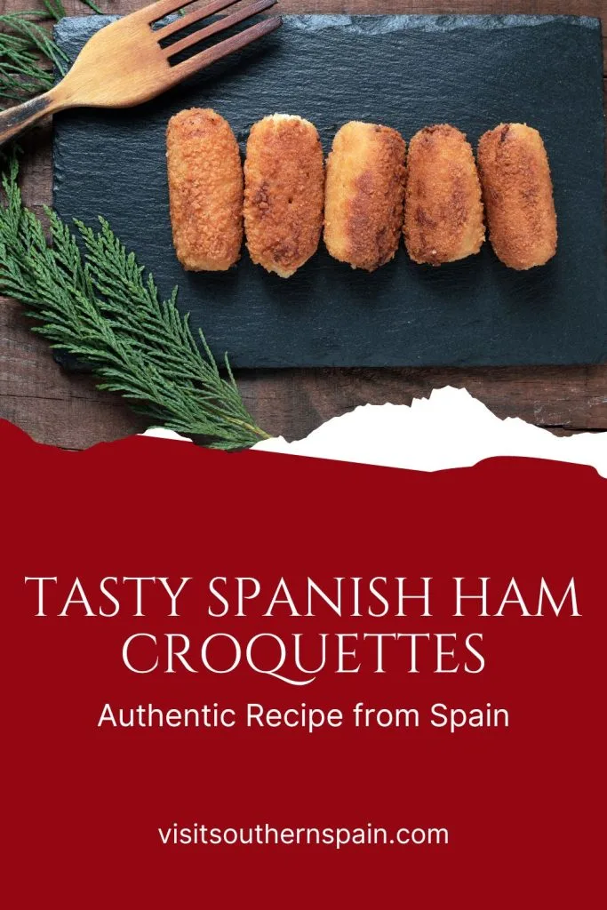 5 ham croquettes on a black plate, on a wooden table. Under it it's written Tasty spanish ham croquettes.
