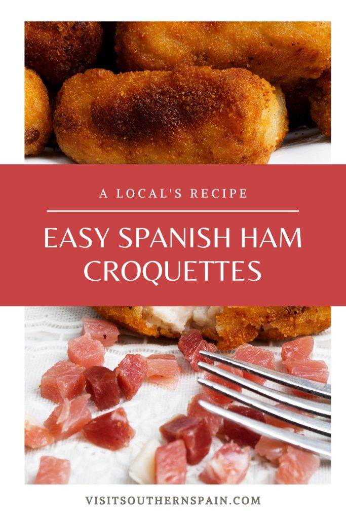 Ham croquettes and ham cubes on a white plate. In the middle it's written easy Spanish ham croquettes.