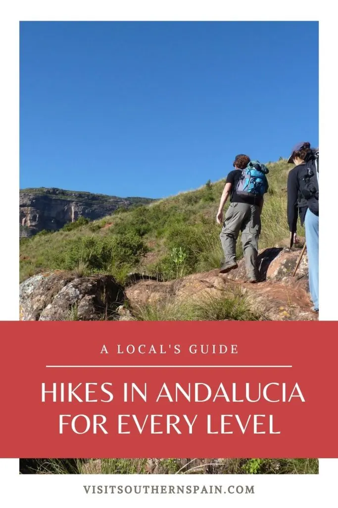 A group of hikers on a mountain path. Under it it's written hikes in Andalucia for every level. 