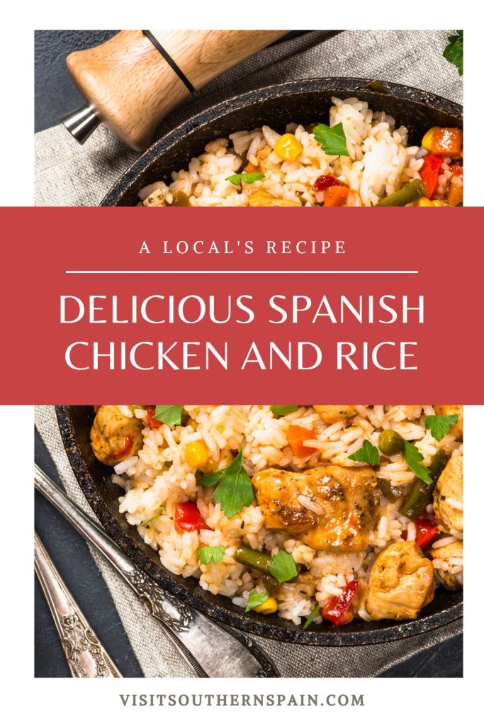 A bowl of Spanish rice dish and on top it's written Delicious Spanish chicken and rice.