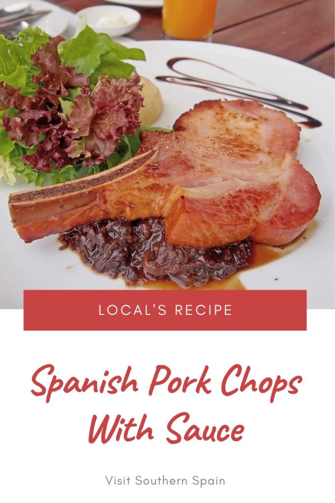 Pork chops with sauce on a plate with salad. Under it it's written Spanish pork chops with sauce.