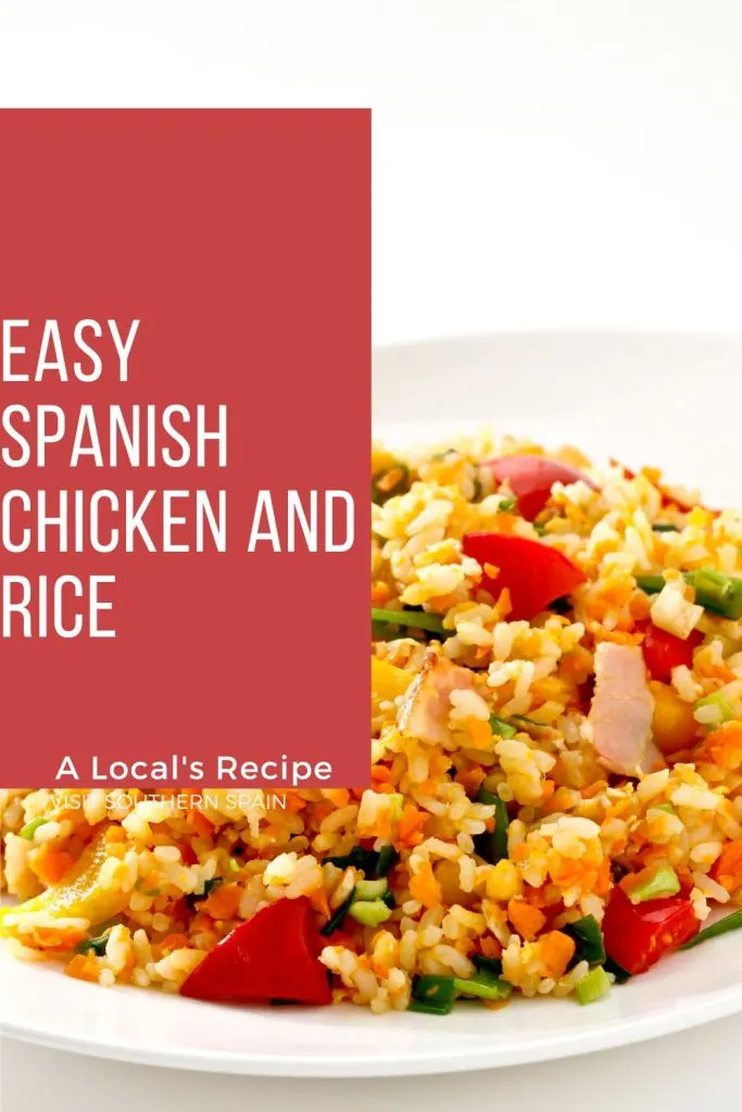 A plate of Spanish rice and on the left it's written Easy Spanish chicken and rice.