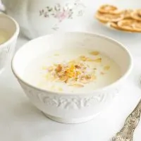 Spanish almond soup decorated with cinnamon and almonds