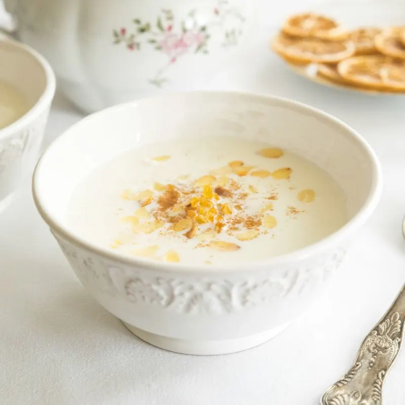 Spanish almond soup decorated with cinnamon and almonds. Sweet Spanish Almond Soup Recipe