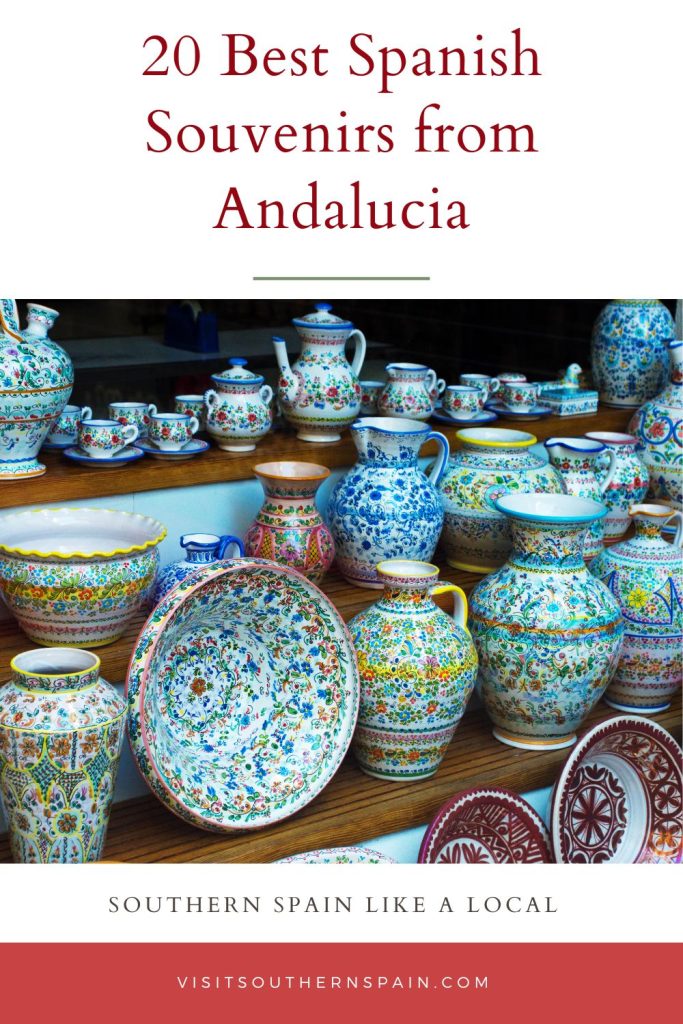 a photo with Spanish ceramics. On top it's written 20 Best Spanish souvenirs from Andalucia. 