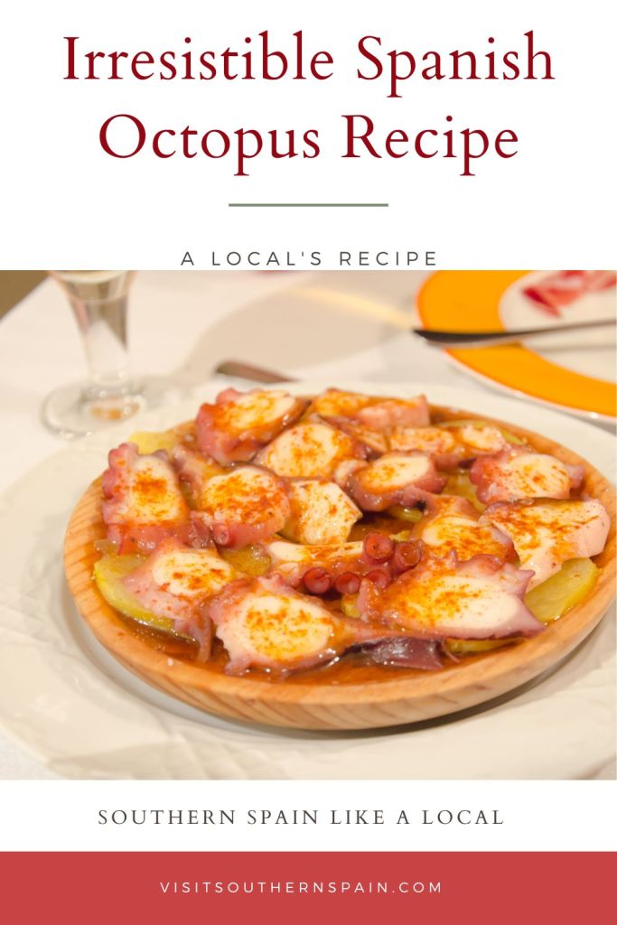 Spanish octopus on a wooden plate. On top it's written Irresistible Spanish octopus recipe. 