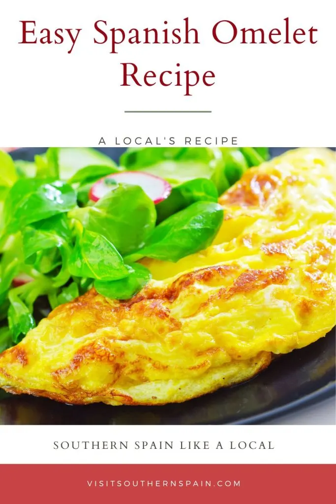 closeup with spanish omelet on a plate. On top it's written Easy Spanish omelet recipe.