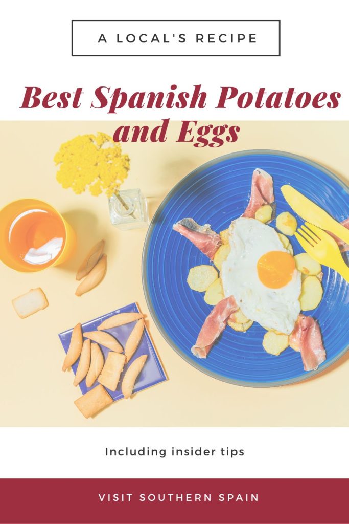 Huevos rotos on a blue plate with other ingredients next to it. On top it's written Spanish potatoes and eggs.