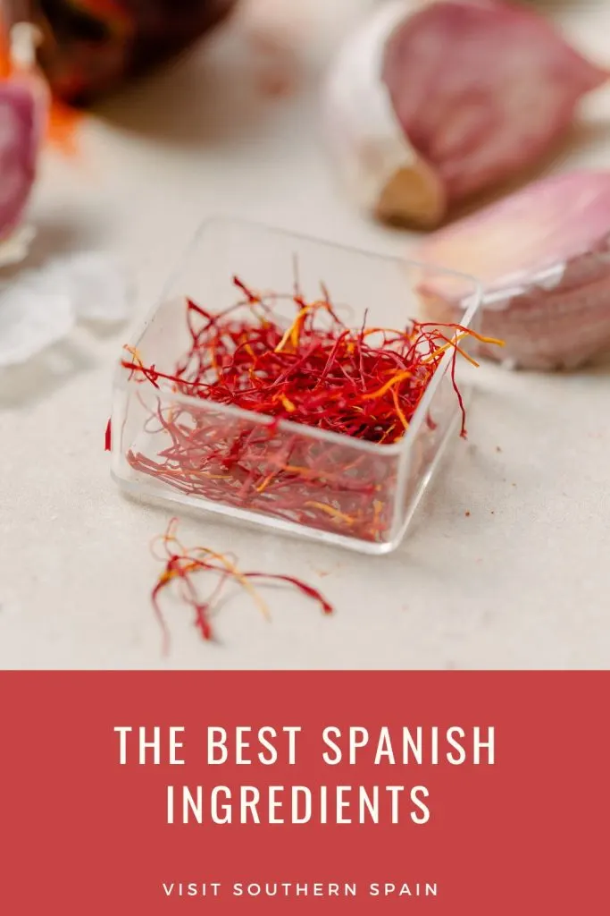 closeup with saffron and garlic. Under it it's written The best Spanish ingredients. 
