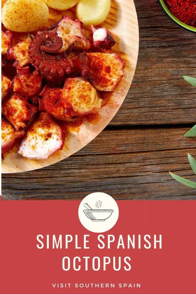 spanish octopus on a wooden plate with paprika on top. Under it it's written Simple Spanish octopus. 