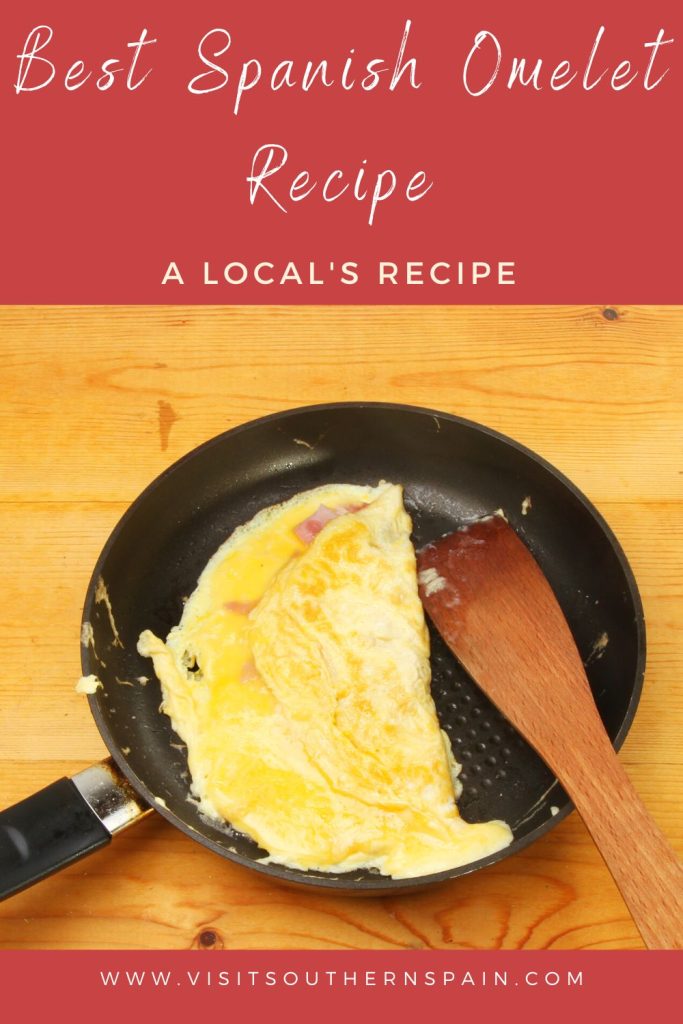 Cheese omelet in a pan. On top it's written Easy Spanish omelet recipe. 