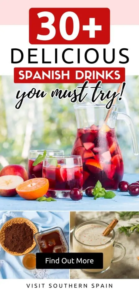 A top photo is a pitcher and two glasses of sangria with lots of fruits are seen. There are fruits and mint leaves ont he surface. Bottom right is an eggnog with a cinnamon stick. Bottom left photo is iced coffee with some coffee grounds on another plate and honey in a small bowl.