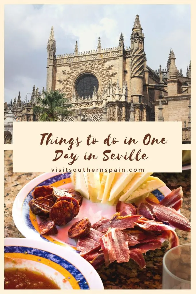 2 photos depicting a breakfast and a building from Seville. In the middle it's written Things to do in One day in Seville.