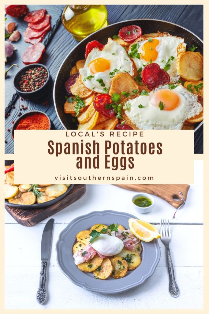 2 photos of huevos rotos, a typical Spanish breakfast with potatoes, eggs and ham. In the middle it's written Spanish potatoes and eggs.